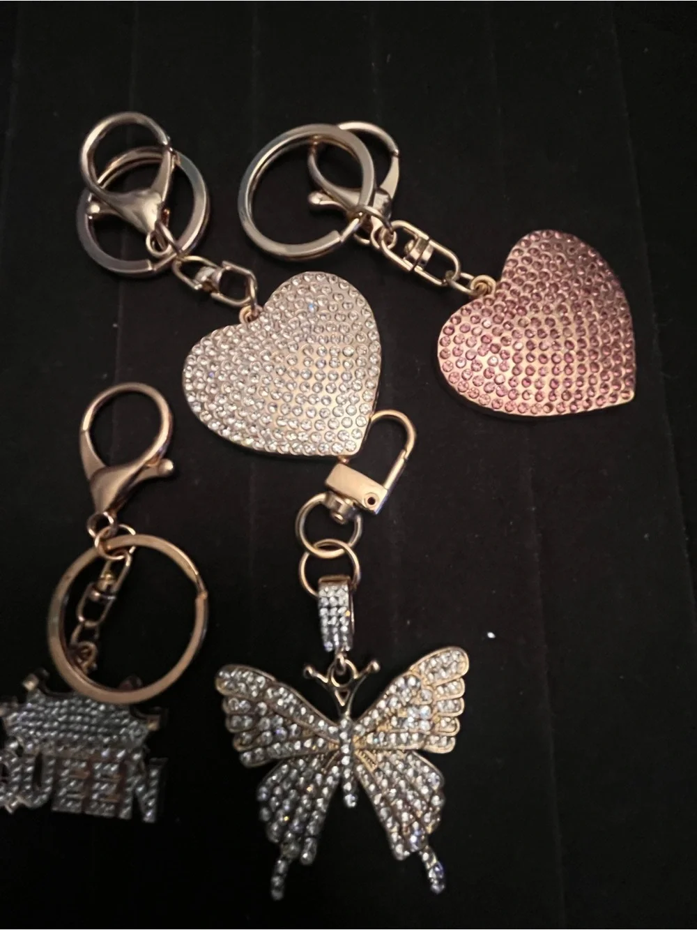 Rhinestone Heart & Butterfly Keychain Set - Pink and Clear